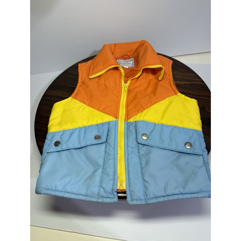 Vintage 70's Kid's Color Block Puffer Vest With Zipper‎ Snap And Side Pockets